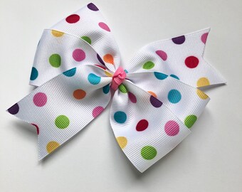 Polka dot Pinwheel Hair Bow | Fun Grosgrain Ribbon Hair Barrette for Girls | Pink, Green, Orange Circus | Large Bow | Handmade