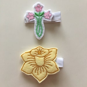 Pink Tulip Easter Cross and Yellow Easter Lily Feltie Hair Clips for Girls, Toddlers, Baby - Easter Hair Barrettes (2 clip sett)