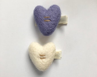 Heart Clips for Girls, Baby | Boho Wool Felt Stitch Heart Barrettes | Lavender, Ivory Valentine Day Accessories | Photo Accessory | 2 Clips