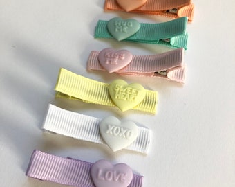 Conversation Heart Hair Clips | Valentines Day Barrettes | pink, lavender, teal, coral, yellow, white | Be Mine| Love Accessories | 6 clips