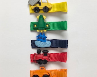 Trains, Planes, Boat, Car, Truck Hair Clips for Girls, Boys, Baby | Transportation Rainbow Vehicles | Toy Barrettes | red, blue, green (5)