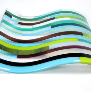 Blue and Green Striped Wavy Glass Plate