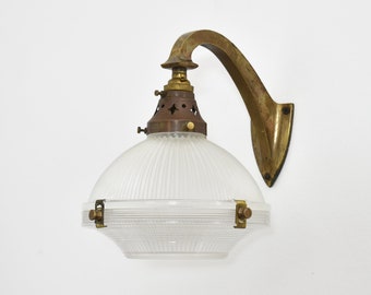Antique Brass Wall Light with Holophane Glass Shade