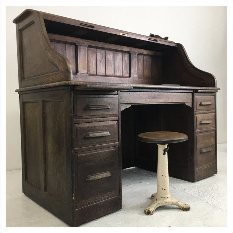 Vintage Wooden Oak Roll Top Antique Desk