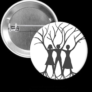 May include: Three stylised figures stand together, their arms intertwined, forming the branches of a tree. The figures are silhouetted in black against a white background.