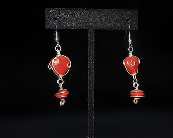 wired wrapped red heart dangle earrings