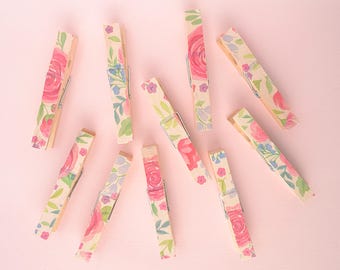 Clothespins, Floral Wood Clips, Photo Display, Set of 10, 3 Inch Length