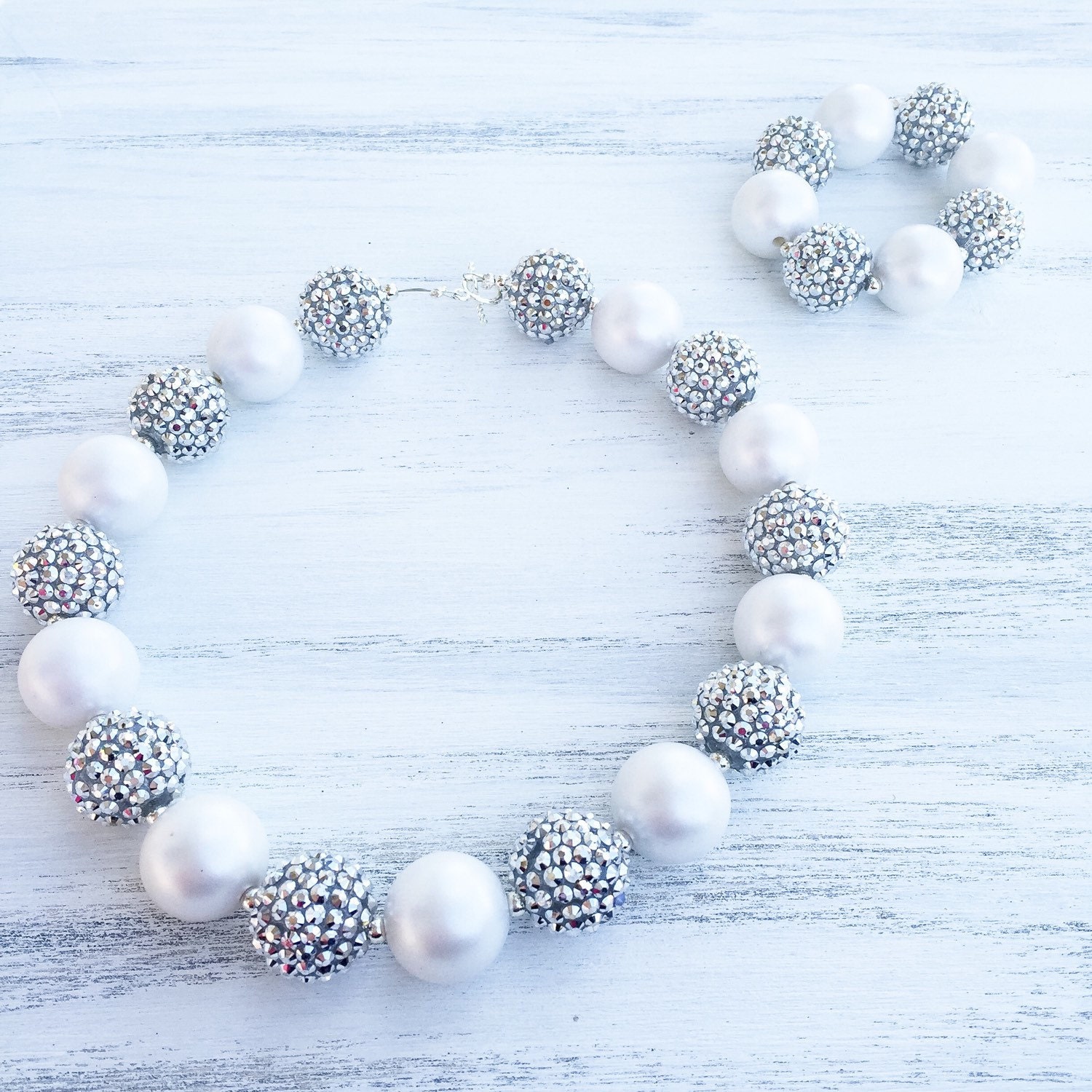 Silver and White Bubblegum Necklace Sparkle Necklace Girl