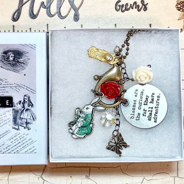 Read and Give: Bookish Necklace/Alice in Wonderland Inspired Mixed Metal Necklace in custom gift box - Free Shipping!