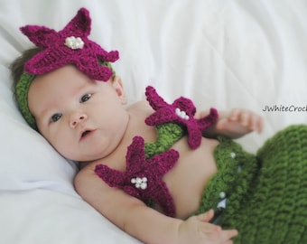 Green Mermaid Crochet photo prop set, Newborn to teen,Photography Outfit, Handmaid Boutique, mermaid Costume