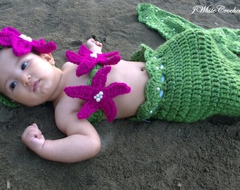 Green Mermaid Crochet photo prop set, Newborn to teen,Photography Outfit, Handmaid Boutique, mermaid Costume