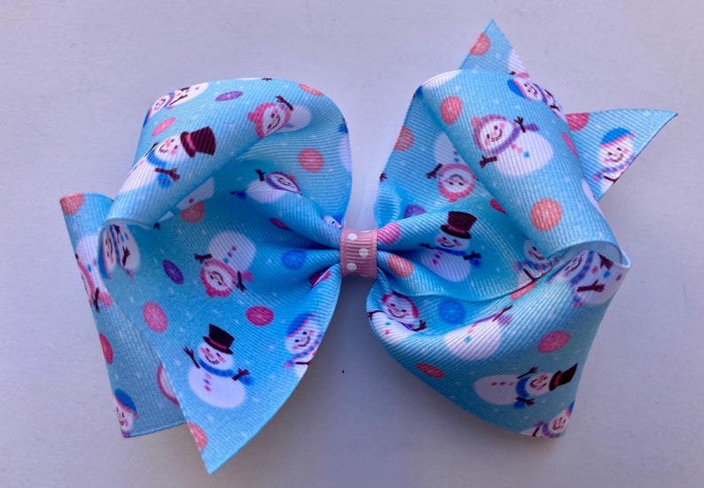 Snowman Hair Bow, Snowman bow, Winter Hair Bow, Winter bow, Snowflake Bow, Blue Hair Bow, Pink Hair Bow image 1