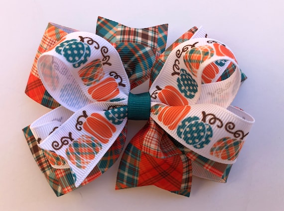 Fall Hair Bow, Fall Bow, Pumpkin Hair Bow, Pumpkin Bow, Orange Bow, Teal Hair Bow, Fall Gift, Halloween Hair Bow, Thanksgiving Hair Bow