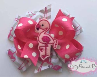 Flamingo Hair Bow, Flamingo Bow, Flamingo Hair Clip, Pink and Grey Hair Bow, Flamingoes, Flamingo Felt Clip, Flamingo Party
