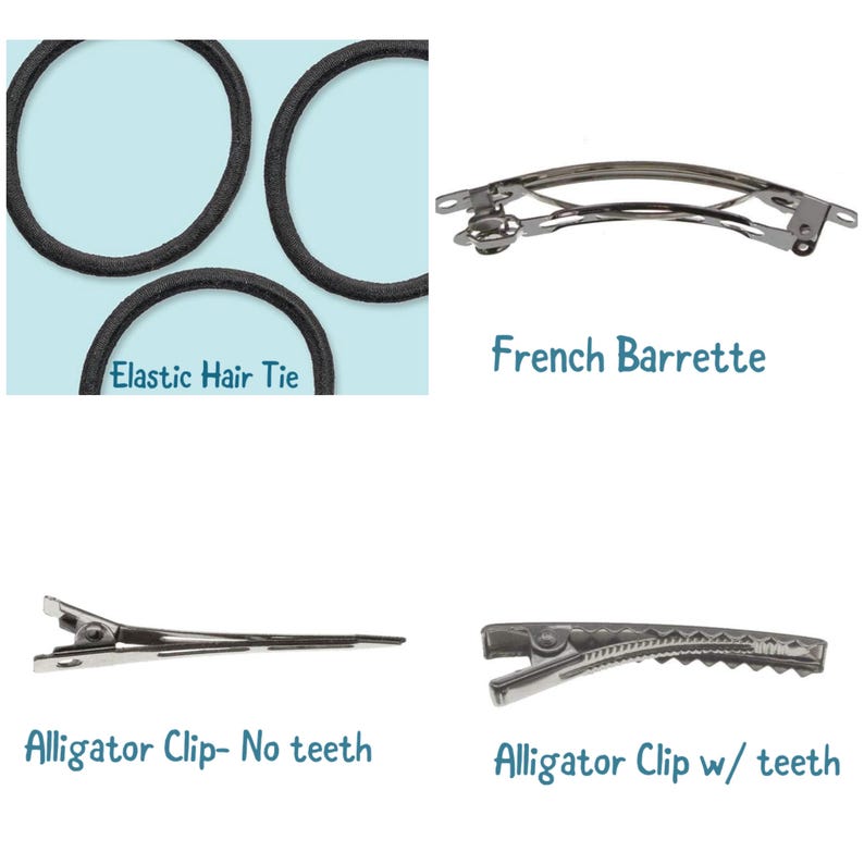 Op de afbeelding: Een close-up van vier haaraccessoires: een zwarte elastiek, een zilveren Franse barrette, een zilveren alligatorclip zonder tanden en een zilveren alligatorclip met tanden.  "Elastic Hair Tie", "French Barrette", "Alligator Clip - No teeth" en "Alligator Clip w/ teeth" zijn onder elke accessoire gelabeld.
