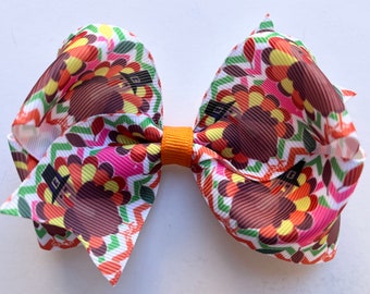 Thanksgiving Turkey Hair Bow, Turkey Bow, Pink Thanksgiving Hair Bow,