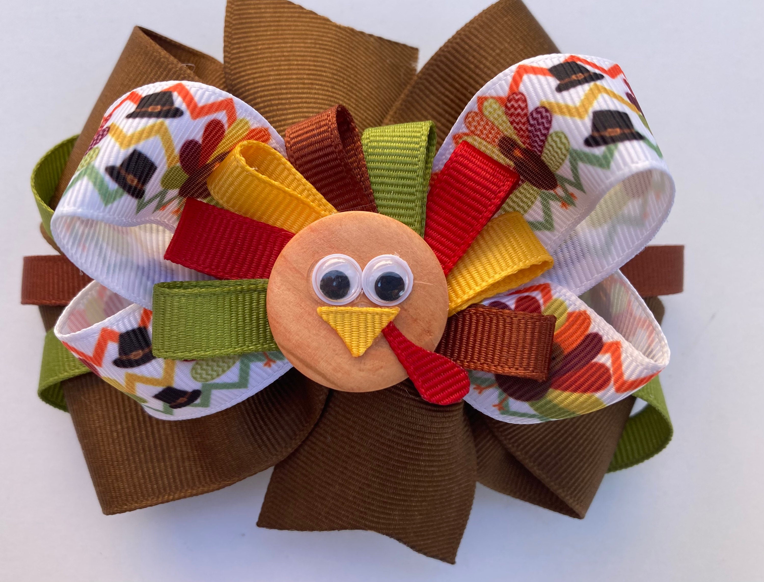 Handmade Turkey Fall Baby Headband Over The Top Bow, Thanksgiving Hair Bow, Big Fall Bow for Girls 5 inch / French Barrette Only