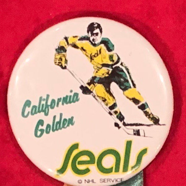 Attractive Vintage 1970's California Golden Seals Hockey Pin Pinback Button w/ Ribbons & Rabbit Foot - Antique NHL Memorabilia