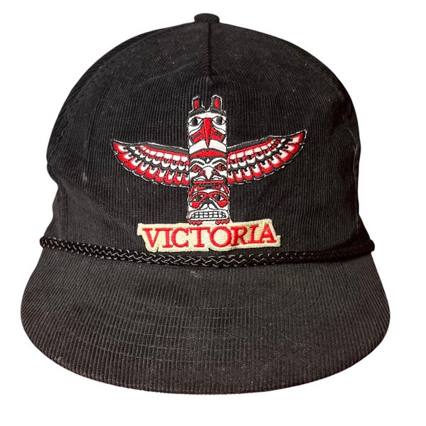 Gorra de pana vintage Victoria, Columbia Británica, con cierre a presión y gráfico de tótem colorido