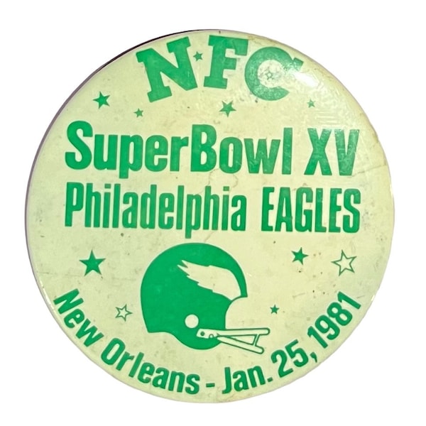 Vintage 1980 Philadelphia Eagles Superbowl XV NFC Champions 3.5 Inch Pin Pinback Button - Antique NFL Football Memorabilia
