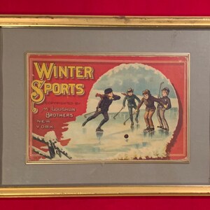 Antique Circa 1890&#39;s McLoughlin Brothers Framed Winter Sports Game Box Lid Display with outstanding early Hockey Scene