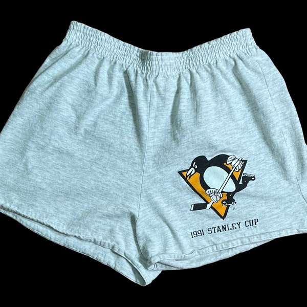 Vintage 1991 Pittsburgh Penguins Stanley Cup Logo 7 Brand NHL Hockey Shorts - Size Medium - Good Elasticity