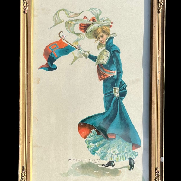 Antique Circa 1910 University of Pennsylvania Penn F. Earl Christy Girl Framed Print Lithograph