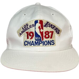 Los Angeles Lakers Vintage 80s Three Stripe Trucker Snapback Hat - 1987-1988 NBA Championship - White and Purple - One Size 