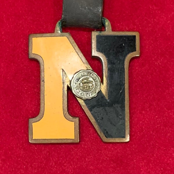 Antique Circa 1910 Ohio Northern University Enameled N Watch Fob with complete Leather Strap - Early Sports Memorabilia