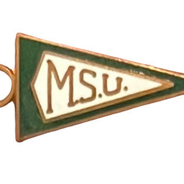 Beautiful Vintage 1950's Michigan State University Enameled Gold Toned Pennant Shaped Pendant Charm