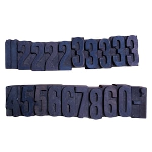 May include: Two rows of vintage, dark blue wooden number stamps. The top row features the numbers 1, 2, and 3. The bottom row displays the numbers 4, 5, 6, 7, 8, 6, and 0. These stamps are used for printing.