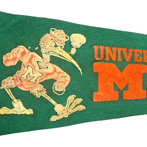 Vintage Circa 1950&#39;s University of Miami Hurricanes Flocked Felt 27 Inch Pennant by Collegiate of Ames w/ Great Ibis Mascot