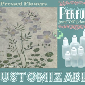 Puede incluir: Un diseño de flores prensadas con el texto "Pressed Flowers" en la parte superior. Debajo del diseño, el texto "DESIGN YOUR OWN PERFUME Scent*Oil*Colour*Size" y una fila de seis botellas de vidrio transparente con tapas blancas y etiquetas que indican diferentes tamaños en mililitros. El texto "CUSTOMIZABLE" está en la parte inferior de la imagen.