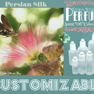 May include: A hummingbird moth with brown wings and a long proboscis is feeding on a pink flower. The image also shows a variety of clear glass bottles with droppers, labelled with different sizes in millilitres. The text "DESIGN YOUR OWN PERFUME" is displayed in a decorative frame. The text "Scent* Oil* Colour* Size" is also displayed below the frame. The text "CUSTOMIZABLE" is displayed at the bottom of the image.
