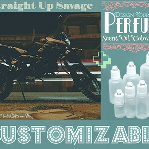 May include: A set of six clear glass bottles with droppers, ranging in size from 5 ml to 100 ml. The bottles are labeled with their volume in milliliters. The text "DESIGN YOUR OWN PERFUME" is displayed above the bottles. The text "Scent*Oil*Colour*Size" is displayed below the bottles. The text "CUSTOMIZABLE" is displayed at the bottom of the image.