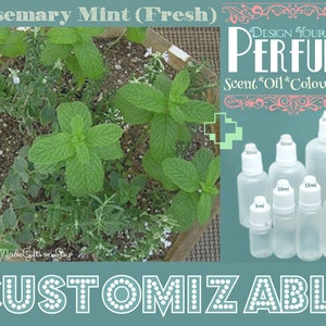 May include: A close-up of a potted rosemary mint plant. The plant is in a wooden planter and has green leaves. The image also shows a variety of clear glass bottles with white caps, labeled with different sizes in milliliters. The text "DESIGN YOUR OWN PERFUME" is in pink and white lettering. The text "Scent*Oil*Colour*Size" is in white lettering. The text "CUSTOMIZABLE" is in white lettering with a dotted border.