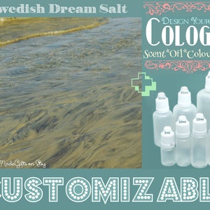 May include: A set of six clear glass bottles with dropper tops, ranging in size from 5 ml to 100 ml. The bottles are arranged in a row on a white background. The text "DESIGN YOUR OWN COLOGNE" is visible in the upper right corner of the image. The text "Scent*Oil*Colour*Size" is visible below the text "DESIGN YOUR OWN COLOGNE".