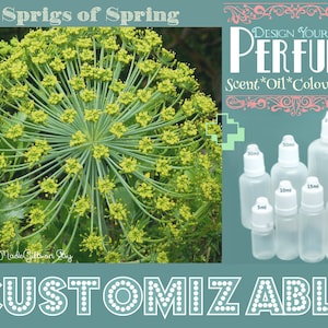 Może przedstawiać: Zbliżenie na zieloną roślinę z małymi żółtymi kwiatami. Tekst "Sprigs of Spring" znajduje się w górnej części obrazu. Tekst "DESIGN YOUR OWN PERFUME" znajduje się w ozdobnej ramce w kolorze różowym i białym. Tekst "Scent*Oil*Colour*Size" znajduje się pod ramką. Jest sześć przezroczystych szklanych butelek z białymi zakrętkami i różnymi rozmiarami, oznaczonych miarami w mililitrach. Tekst "CUSTOMIZABLE" znajduje się w dolnej części obrazu.