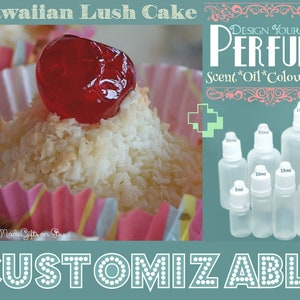 May include: A white coconut cake topped with a red cherry, in a pink and yellow cupcake liner. The image also shows a variety of clear glass bottles with droppers, labelled with different sizes in millilitres, and the text "DESIGN YOUR OWN PERFUME Scent*Oil*Colour*Size CUSTOMIZABLE".
