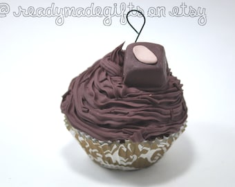 Sale - Chocolate Cupcake Ornament with Almond Chocolate Accent - Fake Food - Cottagecore Bakery