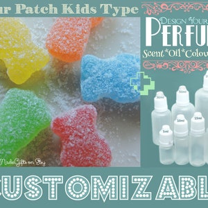 May include: Sour Patch Kids sweets with a design your own perfume kit. The kit includes bottles in various sizes, from 5 ml to 100 ml. The text on the image reads "Design Your Own Perfume" and "Scent * Oil * Colour * Size".