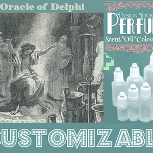 Könnte beinhalten: Eine Schwarzweißillustration des Orakels von Delphi, einer Frau, die auf einem Thron sitzt, mit zwei Männern, die hinter ihr stehen. Das Bild ist von einem türkisfarbenen Rand mit dem Text "CUSTOMIZABLE" in Weiß umgeben. Das Bild enthält auch einen Textüberlagerung mit den Worten "DESIGN YOUR OWN PERFUME Scent Oil Colour Size" und eine Reihe von durchsichtigen Glasflaschen mit weißen Kappen und Etiketten, die verschiedene Größen in Millilitern angeben.