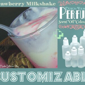 May include: A glass bottle with a white cap and a clear liquid inside. The bottle is labeled with the text "100ml". The bottle is one of several bottles of different sizes, all with clear liquid inside. The bottles are arranged in a row on a white background. The text "DESIGN YOUR OWN PERFUME" is written in a decorative font above the bottles. The text "Scent*Oil*Colour*Size" is written below the bottles. The text "CUSTOMIZABLE" is written in a large font at the bottom of the image.