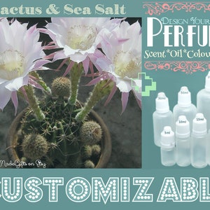 Puede incluir: La imagen presenta un cactus con grandes flores rosas y blancas. El texto "Cactus & Sea Salt" está en la parte superior. A la derecha, el texto "DESIGN YOUR OWN PERFUME" se muestra con varios tamaños de frascos de perfume transparentes. La palabra "CUSTOMIZABLE" está en la parte inferior.