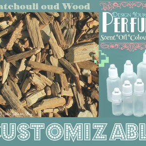 May include: A close-up of wood chips with the text "Patchouli oud Wood" at the top of the image. The text "DESIGN YOUR OWN PERFUME" is in a pink and white floral design. Below the text is a row of six clear glass bottles with droppers, labelled with different sizes in millilitres. The text "CUSTOMIZABLE" is at the bottom of the image in a teal blue background with white polka dots.