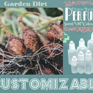 May include: A close-up of a bunch of brown onions with roots and dirt. The image also shows a set of clear glass bottles with white caps and labels indicating different sizes in milliliters. The text "DESIGN YOUR OWN PERFUME" is in a pink and white decorative frame. The text "Scent*Oil*Colour*Size" is below the frame. The text "CUSTOMIZABLE" is at the bottom of the image.