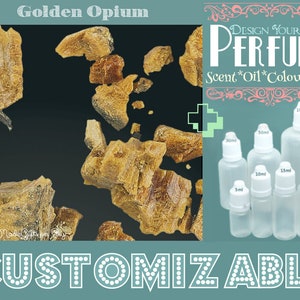 Puede incluir: Aceite de perfume Golden Opium, una fragancia personalizable con una selección de aromas, colores y tamaños. La imagen muestra un primer plano del aceite de color ámbar y una selección de botellas de vidrio transparente con goteros en varios tamaños, que van de 5 ml a 100 ml.
