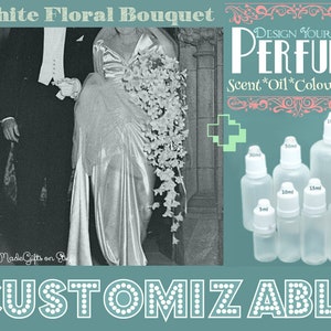 May include: A black and white photo of a couple in wedding attire. The bride is holding a white floral bouquet. The image is overlaid with text that reads "Design Your Own Perfume" and "Scent*Oil*Colour*Size".  There are six clear glass bottles with droppers in various sizes, labeled with milliliter measurements.