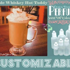 May include: A glass mug filled with a brown drink topped with whipped cream and a cinnamon stick. The mug is sitting on a wooden table. The text "DESIGN YOUR OWN PERFUME" is in pink letters on a light blue background. Below the text are six clear glass bottles with white caps, labelled with different sizes in millilitres. The text "CUSTOMIZABLE" is in white letters on a light blue background.