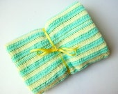 Hand Crochet Blanket, Baby, Light Teal, Cream, Vintage, 1980's